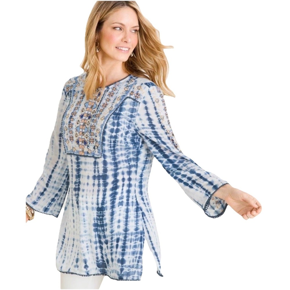 Chicos Tie Dye tunic top Embellished Sz 1 womens large boho hippie‎ $119 blue